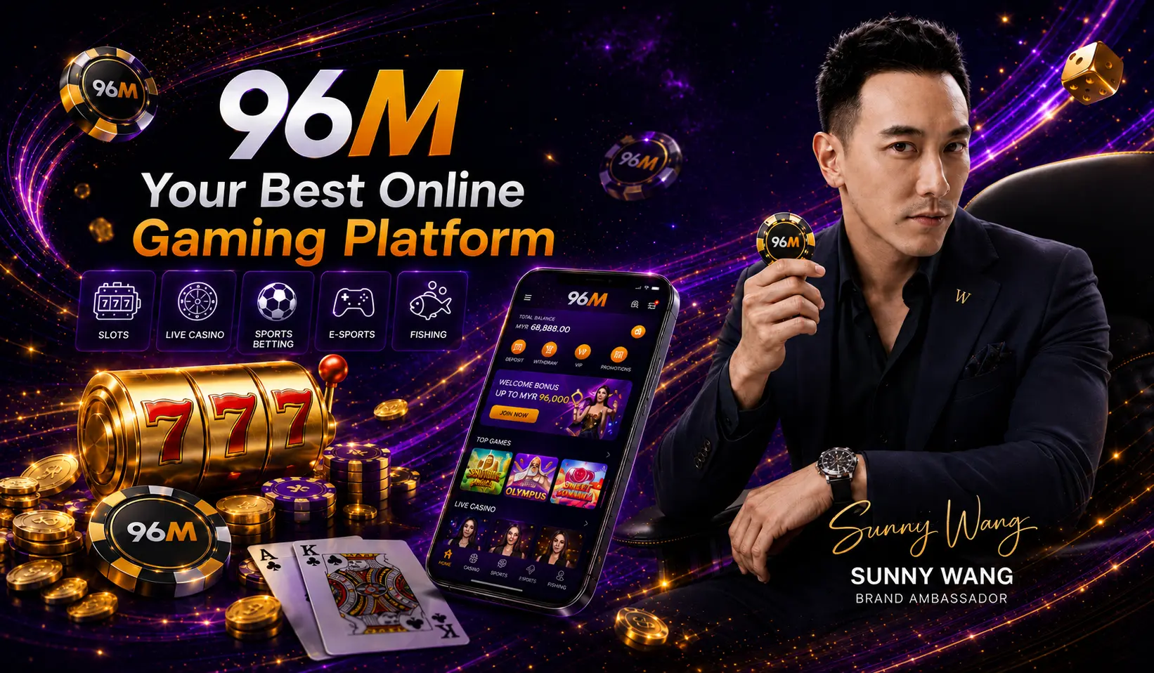 96M online gaming platform promotional banner featuring Sunny Wang holding a 96M casino chip, with a mobile app interface, slot machine, playing cards, gold coins, and a purple-gold neon background
