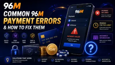 96M payment errors guide featured image showing failed deposit and withdrawal alerts, payment declined notice, pending transaction warning, security lock, bank card, wallet, and casino chips