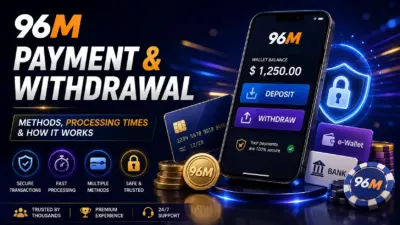 96M payment and withdrawal guide featured image showing a mobile wallet screen with deposit and withdraw buttons, bank card, e-wallet, security lock, coins, and casino chips